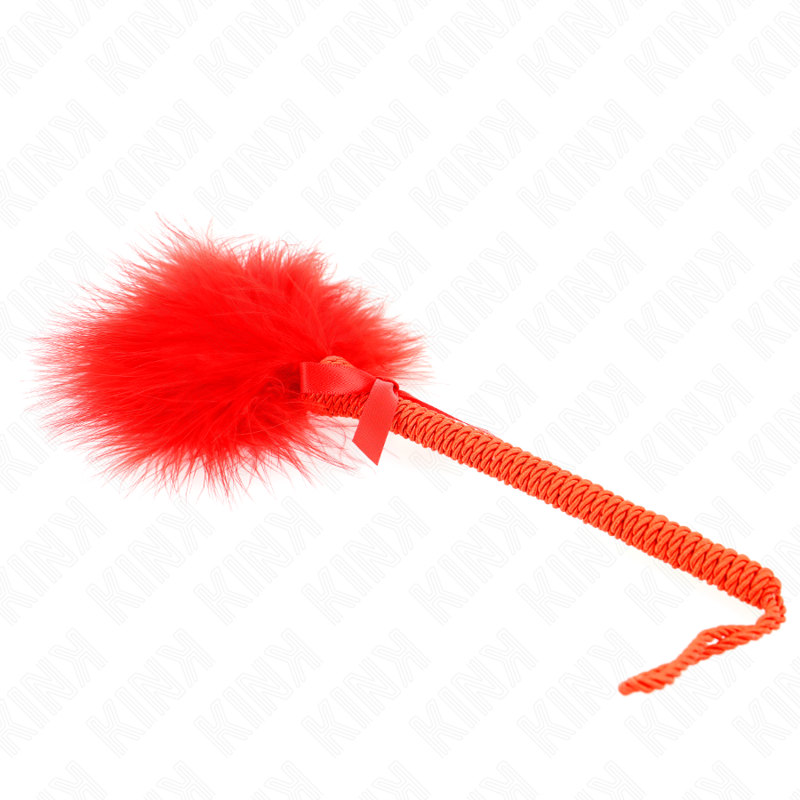 KINK Varinha de Corda com Penas de Cócegas e Laço Vermelho 25 CM para jogos sensoriais BDSM.