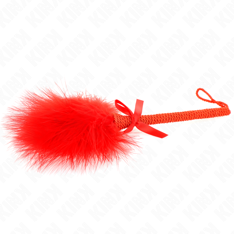 KINK Varinha de Corda com Penas de Cócegas e Laço Vermelho 25 CM para jogos sensoriais BDSM.