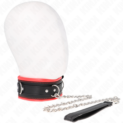 Colar pesado KINK com cinto ajustável para práticas BDSM, detalhe do fecho e material robusto.