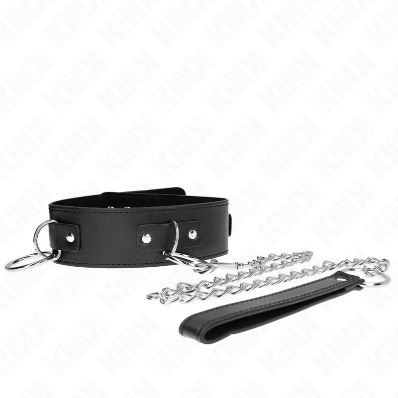 KINK Colar com Trela Ajustável 3 Anéis e 65 CM para BDSM, mostrando detalhes dos anéis e do ajuste.