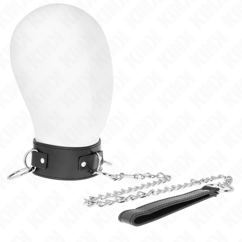 KINK Colar com Trela Ajustável 3 Anéis e 65 CM para BDSM, mostrando detalhes dos anéis e do ajuste.