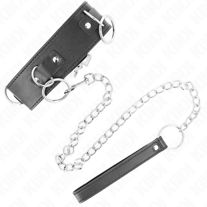KINK Colar com Trela Ajustável 3 Anéis e 65 CM para BDSM, mostrando detalhes dos anéis e do ajuste.