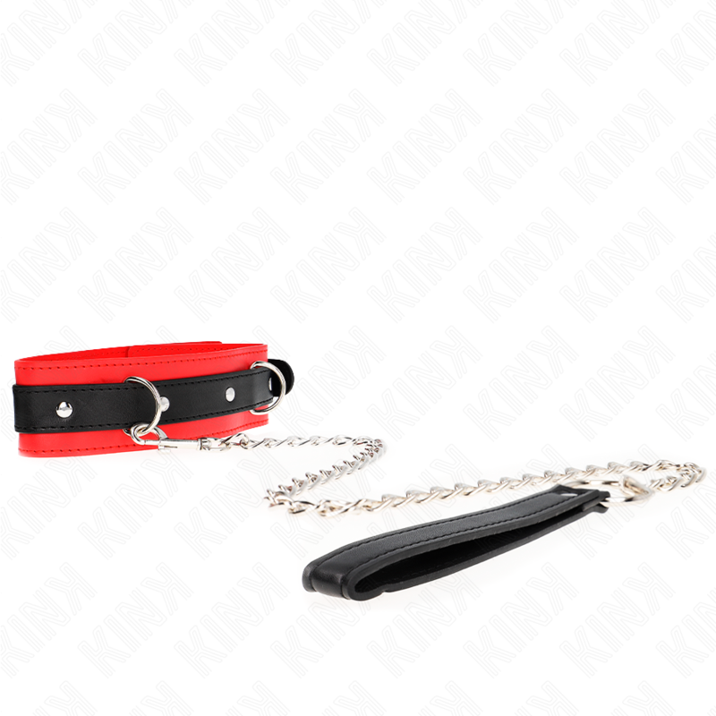 KINK Colar e Trela Modelo Básico Vermelho 53x5cm com 65cm para BDSM, exibindo detalhes do material e design.
