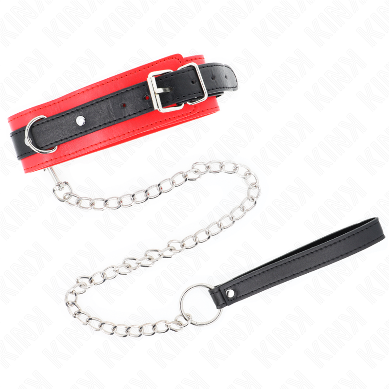 KINK Colar e Trela Modelo Básico Vermelho 53x5cm com 65cm para BDSM, exibindo detalhes do material e design.