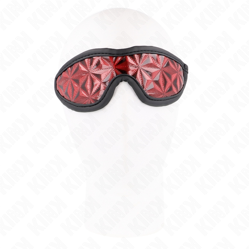 Venda para Olhos KINK Padrão Diamante Vermelho 20,5x6cm, detalhe do tecido e fecho.