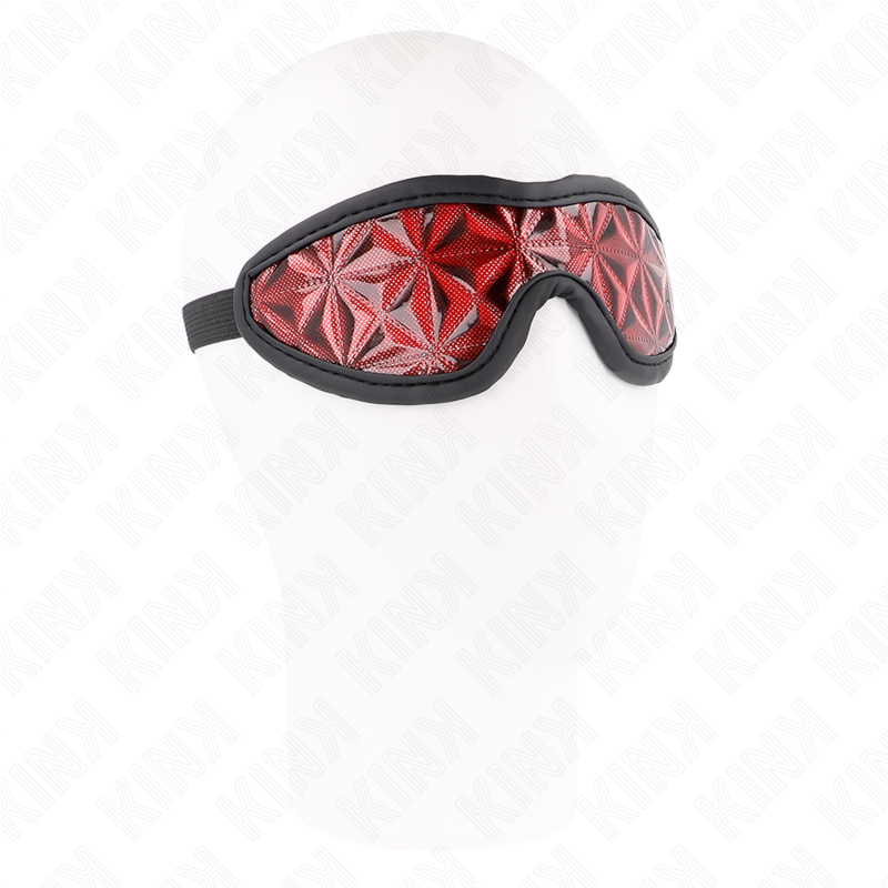 Venda para Olhos KINK Padrão Diamante Vermelho 20,5x6cm, detalhe do tecido e fecho.