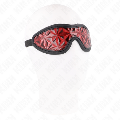 Venda para Olhos KINK Padrão Diamante Vermelho 20,5x6cm, detalhe do tecido e fecho.