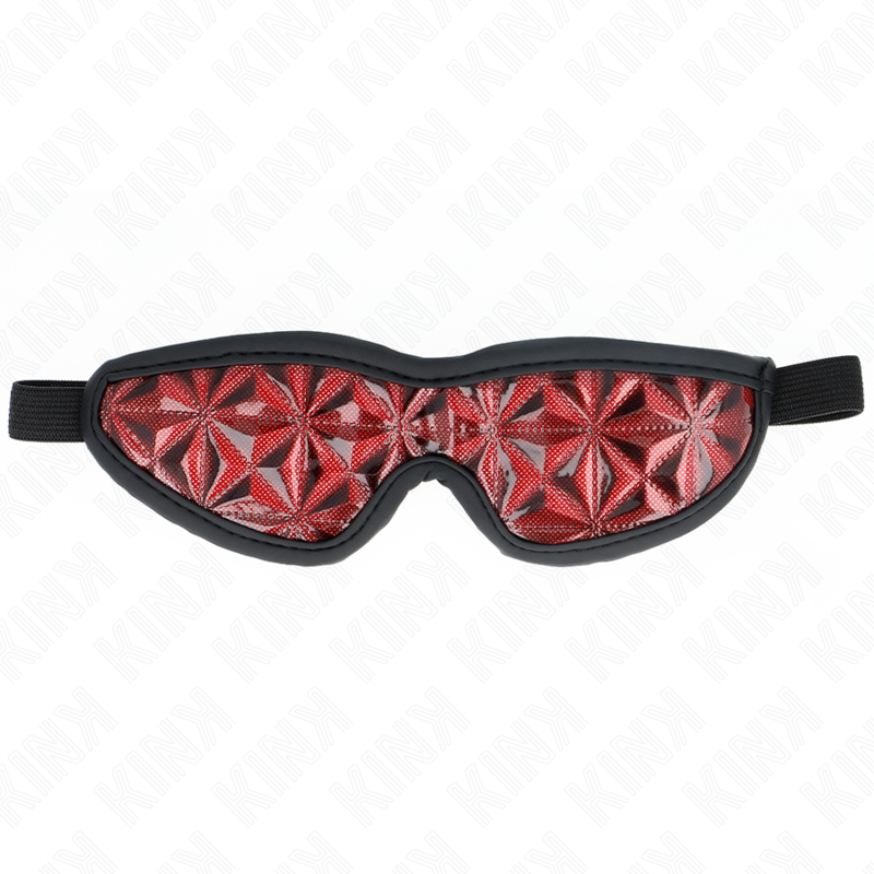 Venda para Olhos KINK Padrão Diamante Vermelho 20,5x6cm, detalhe do tecido e fecho.