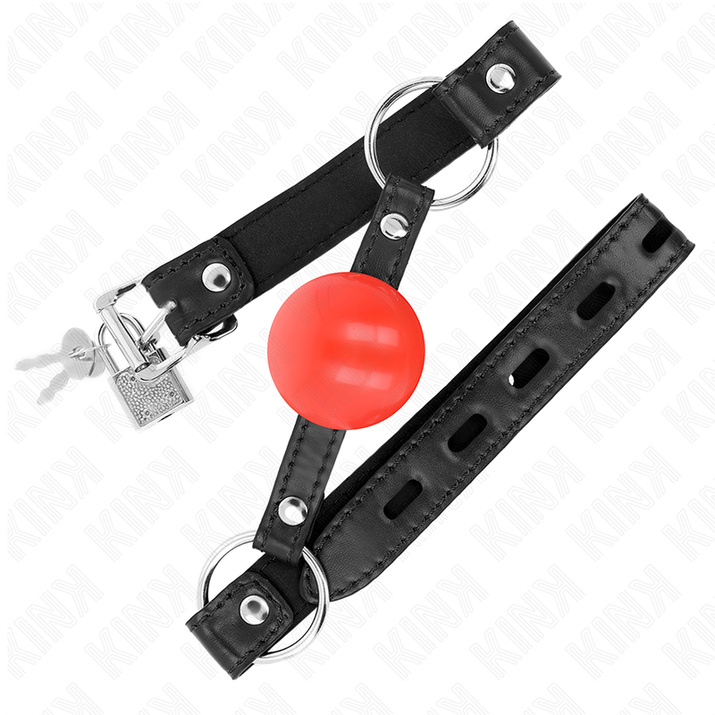 Close-up da Bola Mordaça KINK TPE Vermelha 4cm com tira ajustável para BDSM.