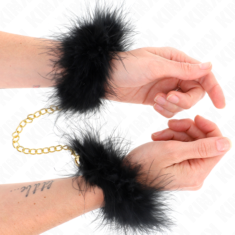 KINK Algemas de Penas com Corrente de Ouro, acessório BDSM elegante.
