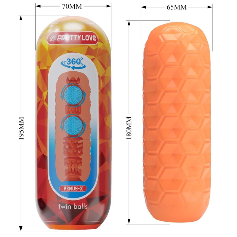 Masturbador Masculino PRETTY LOVE Twin Balls Laranja com bolas internas para estimulação.