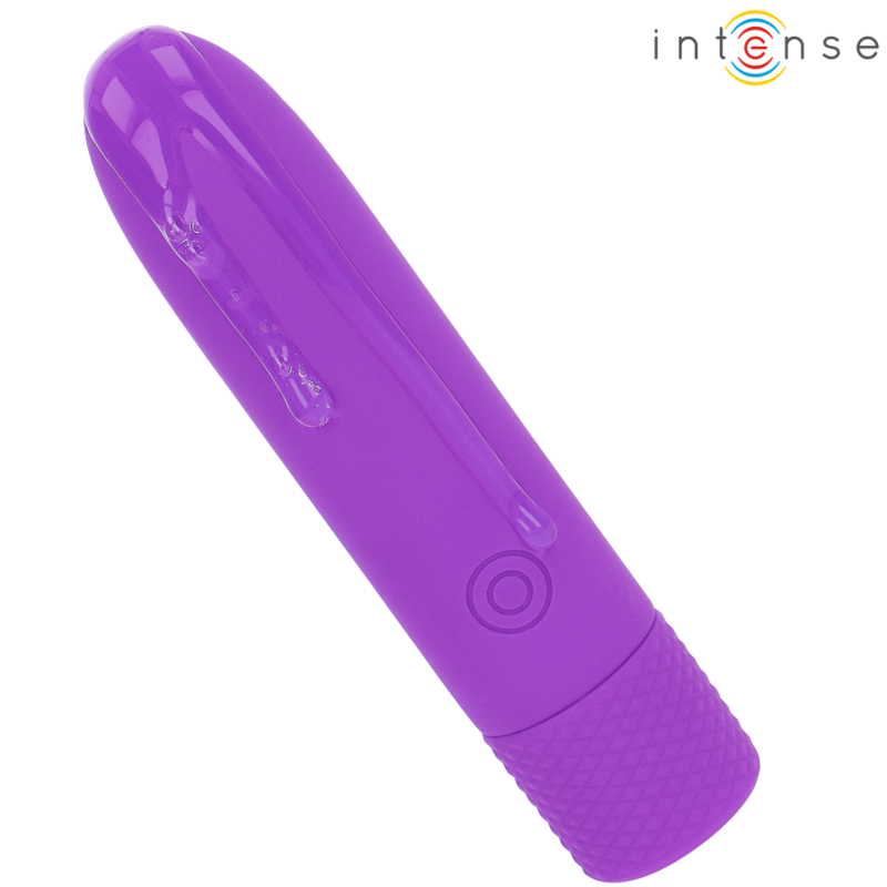 Close-up da Bala Vibratória INTENSE SYMONE USB Recarregável Roxo mostrando suas 8 vibrações e design compacto.