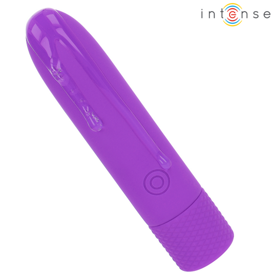 Close-up da Bala Vibratória INTENSE SYMONE USB Recarregável Roxo mostrando suas 8 vibrações e design compacto.