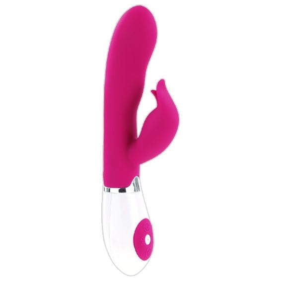 Close-up do Vibrador PRETTY LOVE Felix com estimulador, em lilás e branco, destacando seu design ergonómico e material de silicone.