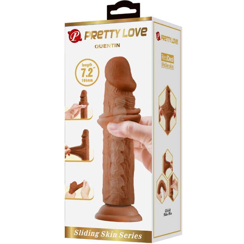 PRETTY LOVE Dildo Realista Quentin 18cm Marrom com ventosa, detalhes da textura e formato ergonómico para prazer autêntico.