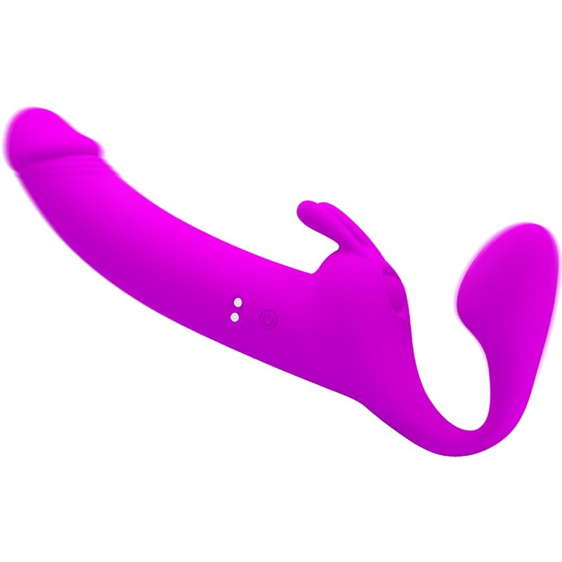 Pretty Love Strapless Strap-On Zanini em silicone roxo, com 10 vibrações e 10 modos de batida, projetado para prazer em casais.