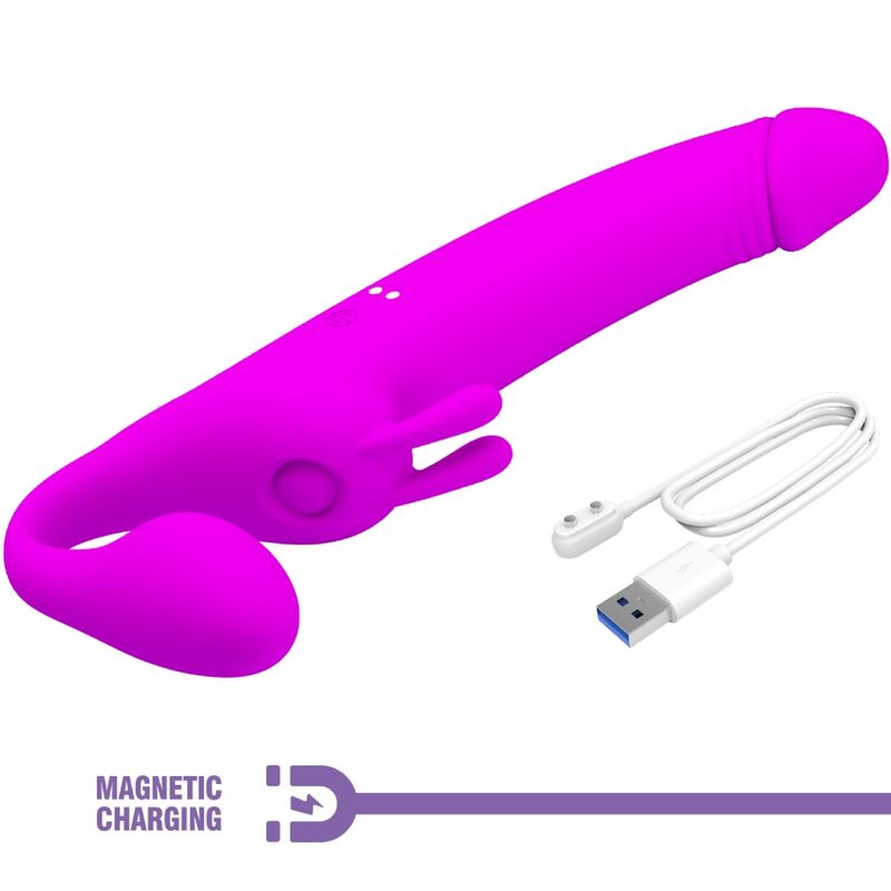 Pretty Love Strapless Strap-On Zanini em silicone roxo, com 10 vibrações e 10 modos de batida, projetado para prazer em casais.