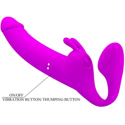 Pretty Love Strapless Strap-On Zanini em silicone roxo, com 10 vibrações e 10 modos de batida, projetado para prazer em casais.