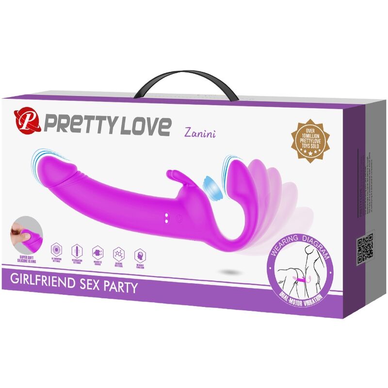 Pretty Love Strapless Strap-On Zanini em silicone roxo, com 10 vibrações e 10 modos de batida, projetado para prazer em casais.