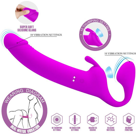 Pretty Love Strapless Strap-On Zanini em silicone roxo, com 10 vibrações e 10 modos de batida, projetado para prazer em casais.