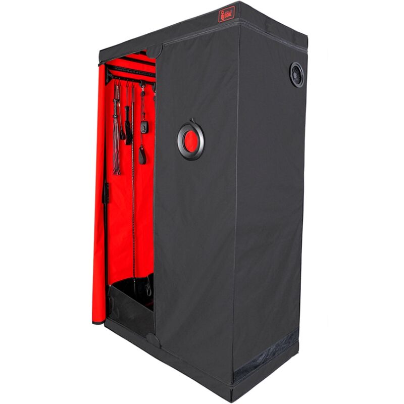 SECRET DOME Cabine Cúpula BDSM em preto e vermelho para submissão e controle consensual.