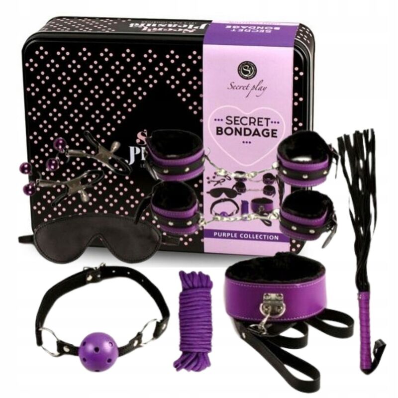 SECRETPLAY BDSM Set 8 Peças Roxo/Preto, mostrando todos os acessórios de bondage.