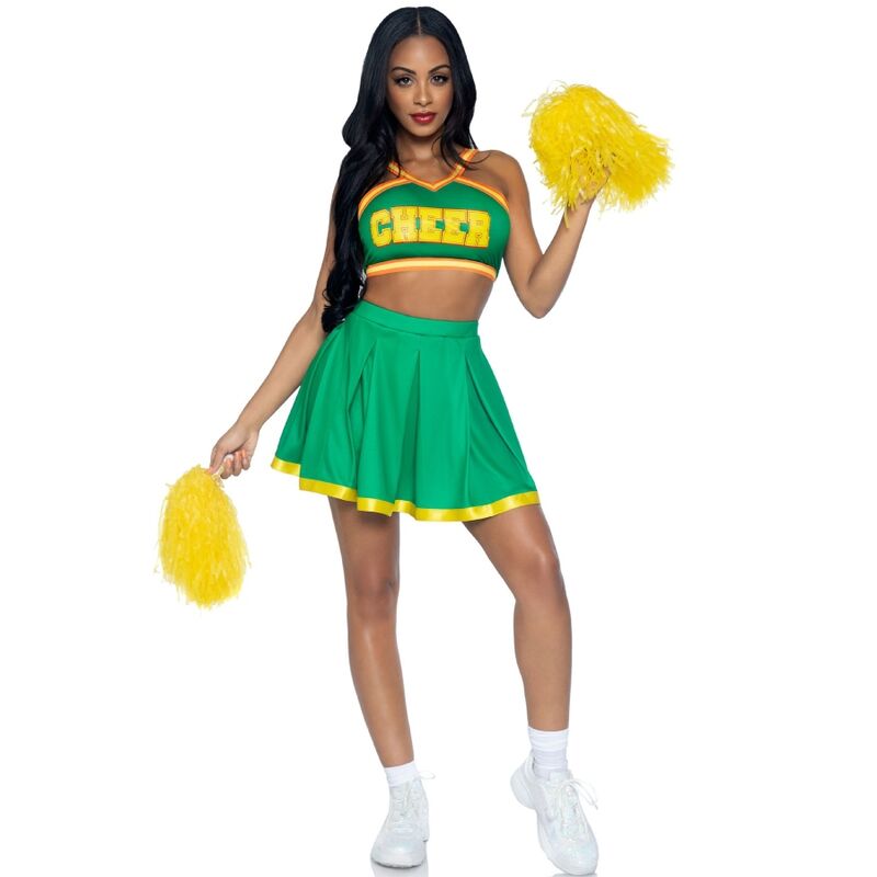 Fantasia de Líder de Torcida Leg Avenue Verde com crop top, saia plissada e pompons.