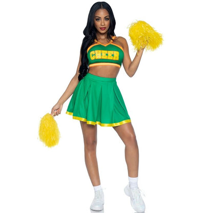 Fantasia de Líder de Torcida Leg Avenue Verde com crop top, saia plissada e pompons.