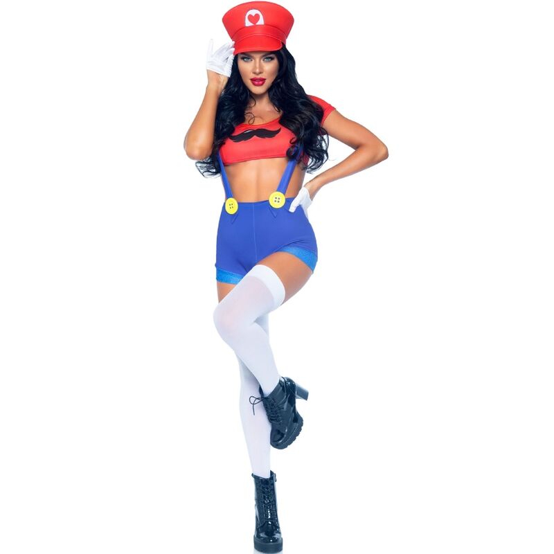 LEG AVENUE Fantasia Sexy Mario Bros Vermelho/Azul, detalhe do crop top e shorts com suspensórios.