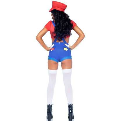 LEG AVENUE Fantasia Sexy Mario Bros Vermelho/Azul, detalhe do crop top e shorts com suspensórios.