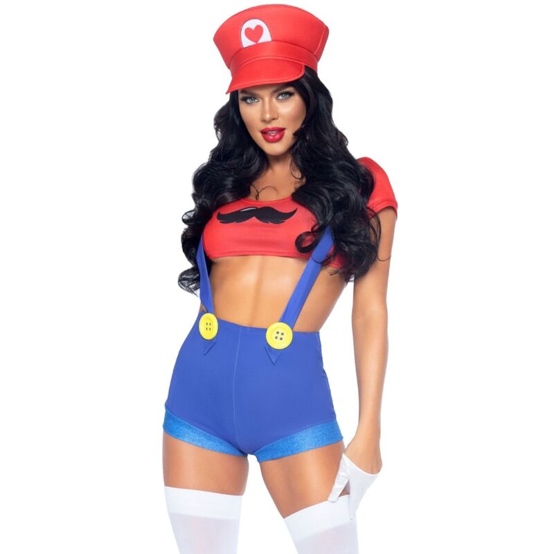 LEG AVENUE Fantasia Sexy Mario Bros Vermelho/Azul, detalhe do crop top e shorts com suspensórios.