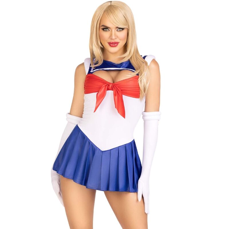 Traje Sexy Marinheiro Multicolor Leg Avenue em tamanho S, mostrando o body, saia e luvas.