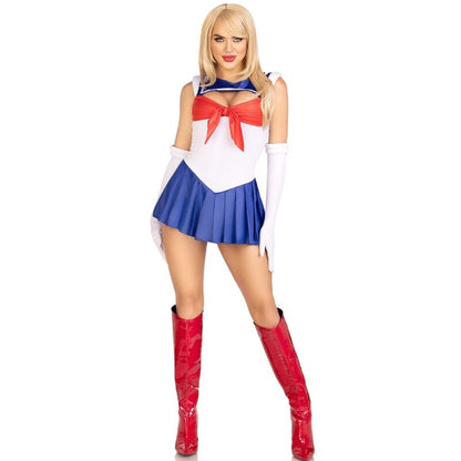 Traje Sexy Marinheiro Multicolor Leg Avenue em tamanho S, mostrando o body, saia e luvas.