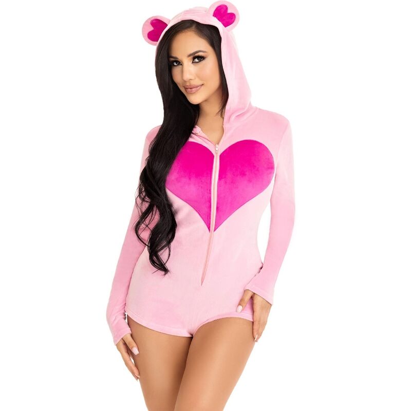 LEG AVENUE Body Urso de Veludo Rosa M, mostrando o material macio e detalhes de coração.