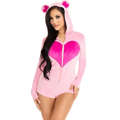 LEG AVENUE Body Urso de Veludo Rosa M, mostrando o material macio e detalhes de coração.