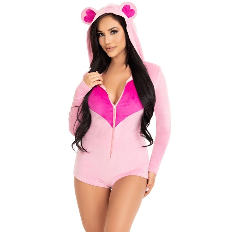 LEG AVENUE Body Urso de Veludo Rosa M, mostrando o material macio e detalhes de coração.