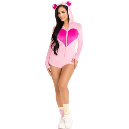LEG AVENUE Body Urso de Veludo Rosa M, mostrando o material macio e detalhes de coração.