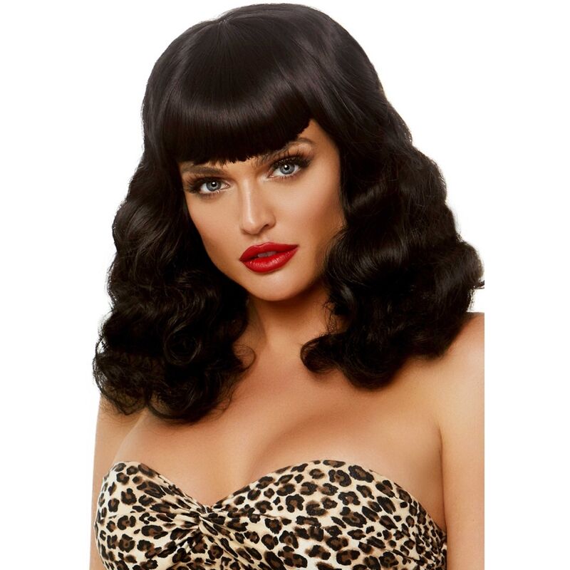 Peruca Leg Avenue Retro Curly com Franja Preta Luminescente UV para festas e eventos