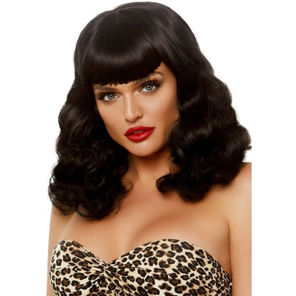 Peruca Leg Avenue Retro Curly com Franja Preta Luminescente UV para festas e eventos
