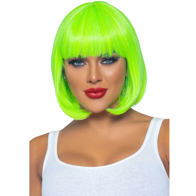 LEG AVENUE Peruca Bob Fluorescente Verde Neon em destaque, mostrando o corte moderno e a cor vibrante para eventos festivos.