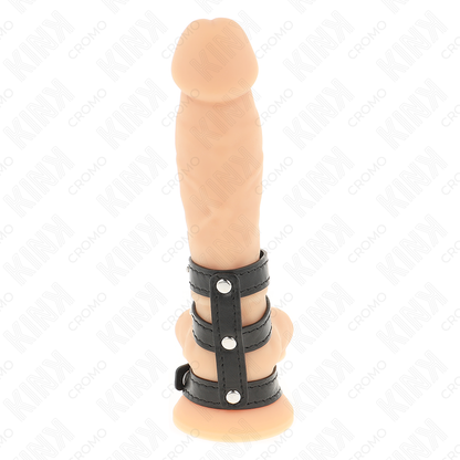 Close-up of the KINK Anel Peniano Couro Triplo com Fecho de Pressão, showing its leather texture and triple ring design.
