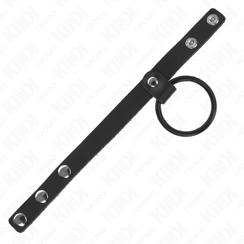 KINK Anel Peniano de Silicone 3,8cm e Divisor de Bolas de Couro 22x1,5cm para BDSM, mostrando detalhes do design e materiais.