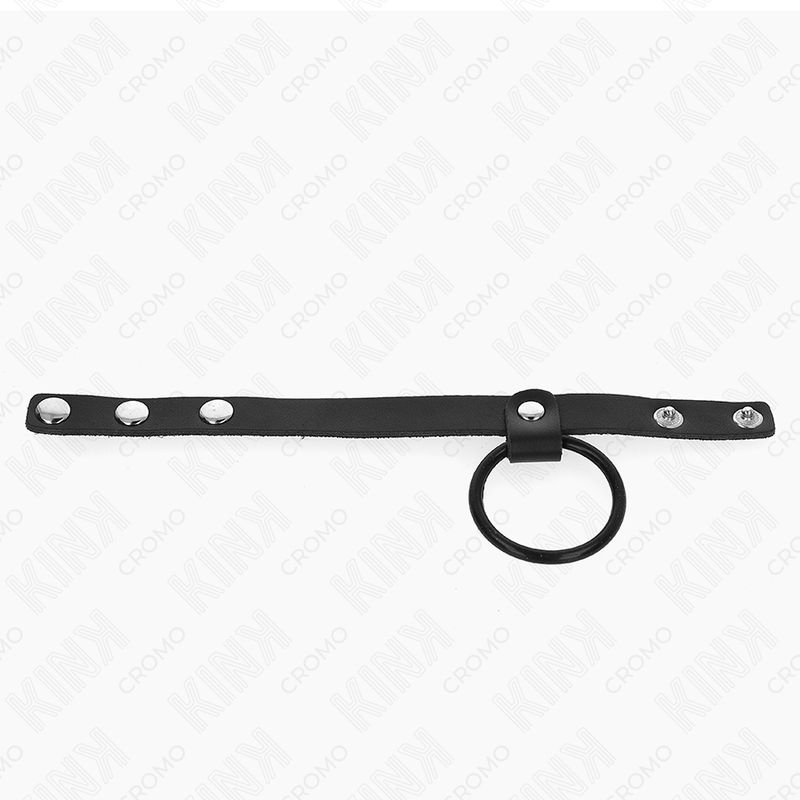 KINK Anel Peniano de Silicone 3,8cm e Divisor de Bolas de Couro 22x1,5cm para BDSM, mostrando detalhes do design e materiais.