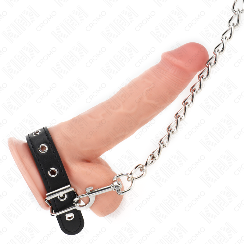 KINK - ANILLO DE CUERO PARA EL PENE CON CADENA 21,5 X 2 CM Y CADENA DE METAL 60 CM