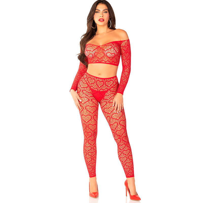 Conjunto Top Crop e Meia-Calça Vermelha Neon LEG AVENUE em corpo feminino