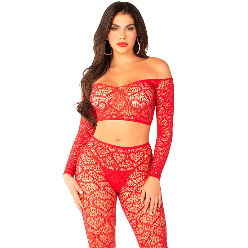 Conjunto Top Crop e Meia-Calça Vermelha Neon LEG AVENUE em corpo feminino