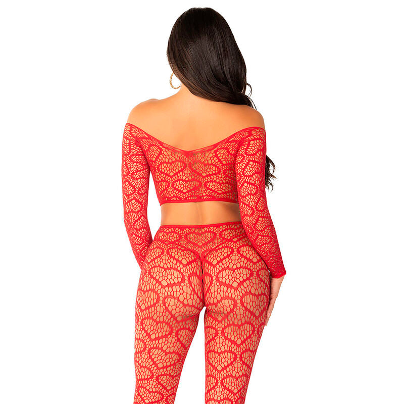 Conjunto Top Crop e Meia-Calça Vermelha Neon LEG AVENUE em corpo feminino