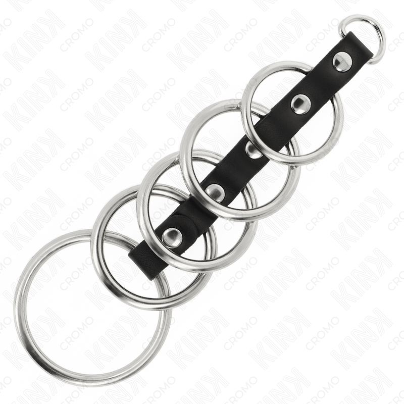 Detalhe dos KINK Anéis Penianos de Metal e Couro (5 Peças) para BDSM e estimulação peniana.