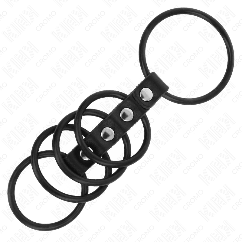 KINK - 5 Anéis Penianos de Silicone e Couro, conectados, para estimulação intensa.