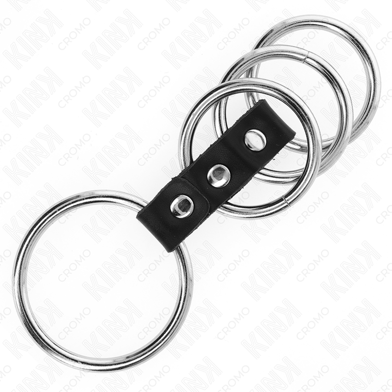 Close-up dos 4 anéis penianos KINK de metal e couro, mostrando o design e a conexão